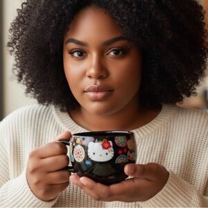 Sanrio Black Mug with Red and Blue Floral Accents